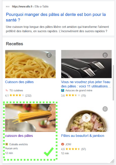 résultats Google "cuisson des pâtes", extraits de résultats enrichis de type recette
