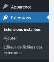 Capture d'écran du menu WordPress : Extensions, Extensions installées