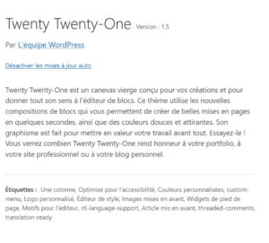 Capture d'écran de l'administration WordPress : thème activé et activation des mises à jour automatiques