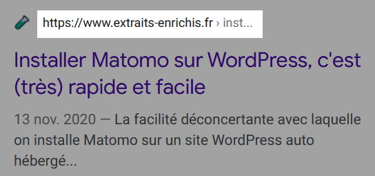 capture d'écran : fil d'ariane dans un extrait de résultat Google enrichi  