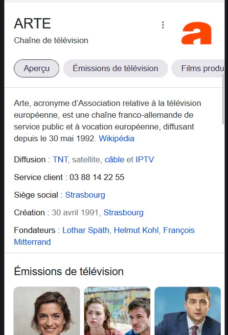 Capture d'écran du logo d'Arte sur la fiche info Google (knowledge panel), version mobile 