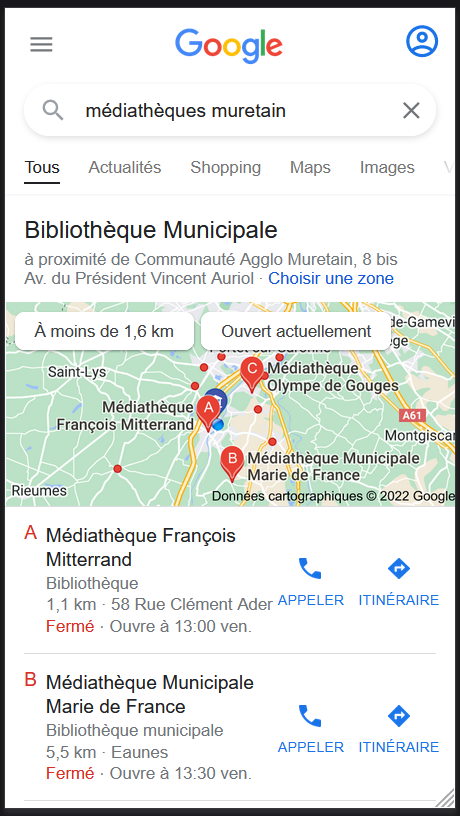 recherche Google "médiathèques muretain" et résultats localisés : capture d'écran
