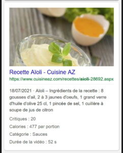 résultat enrichi Bing.com, recette d'aïoli avec photo, nombre de critiques, calories par portion, catégorie de recette et durée de la vidéo