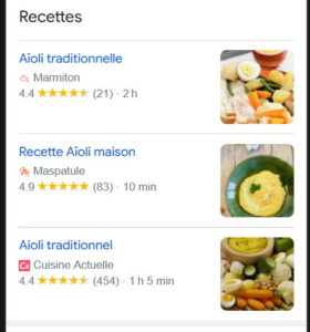 Recherche Google "Aïoli", Bloc Recettes issues des données structurées Recipe, avec nom de la recette, nom du site, avis agrégés, temps de préparation et photo