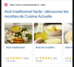 Recherche Google "Aïoli", résultat enrichi de type Carrousel de Recettes 