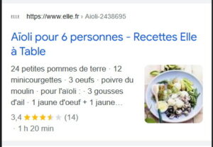 résultat enrichi Google, recette elle.fr Aïoli pour 6 personnes, avec avis agrégés, photo et temps de préparation