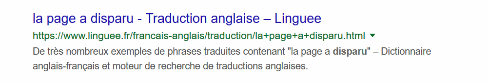 "page disparue" dans les résultats de Google